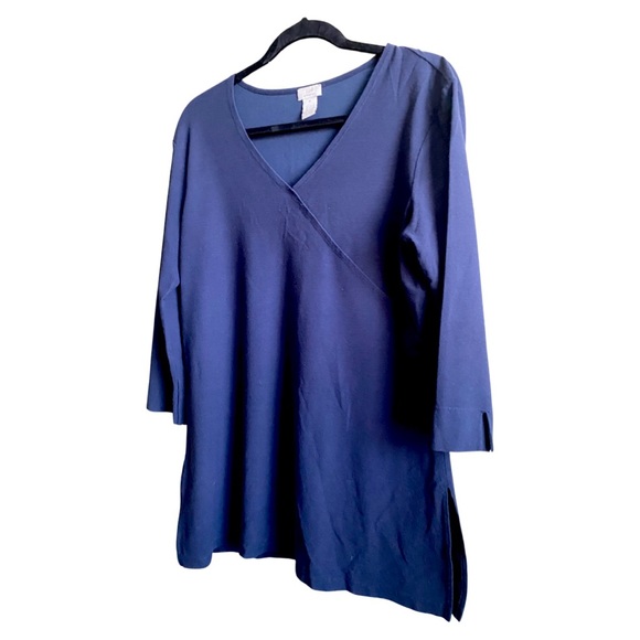 J. Jill Women’s Tunic Medium Crepe Stretch Navy Cross Front Blouse 3/4 Sleeves - Picture 3 of 6
